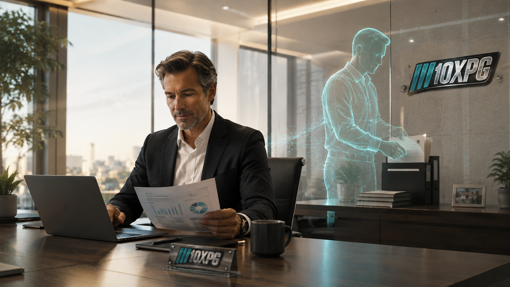 An executive reviewing reports at his desk beside a holographic digital assistant