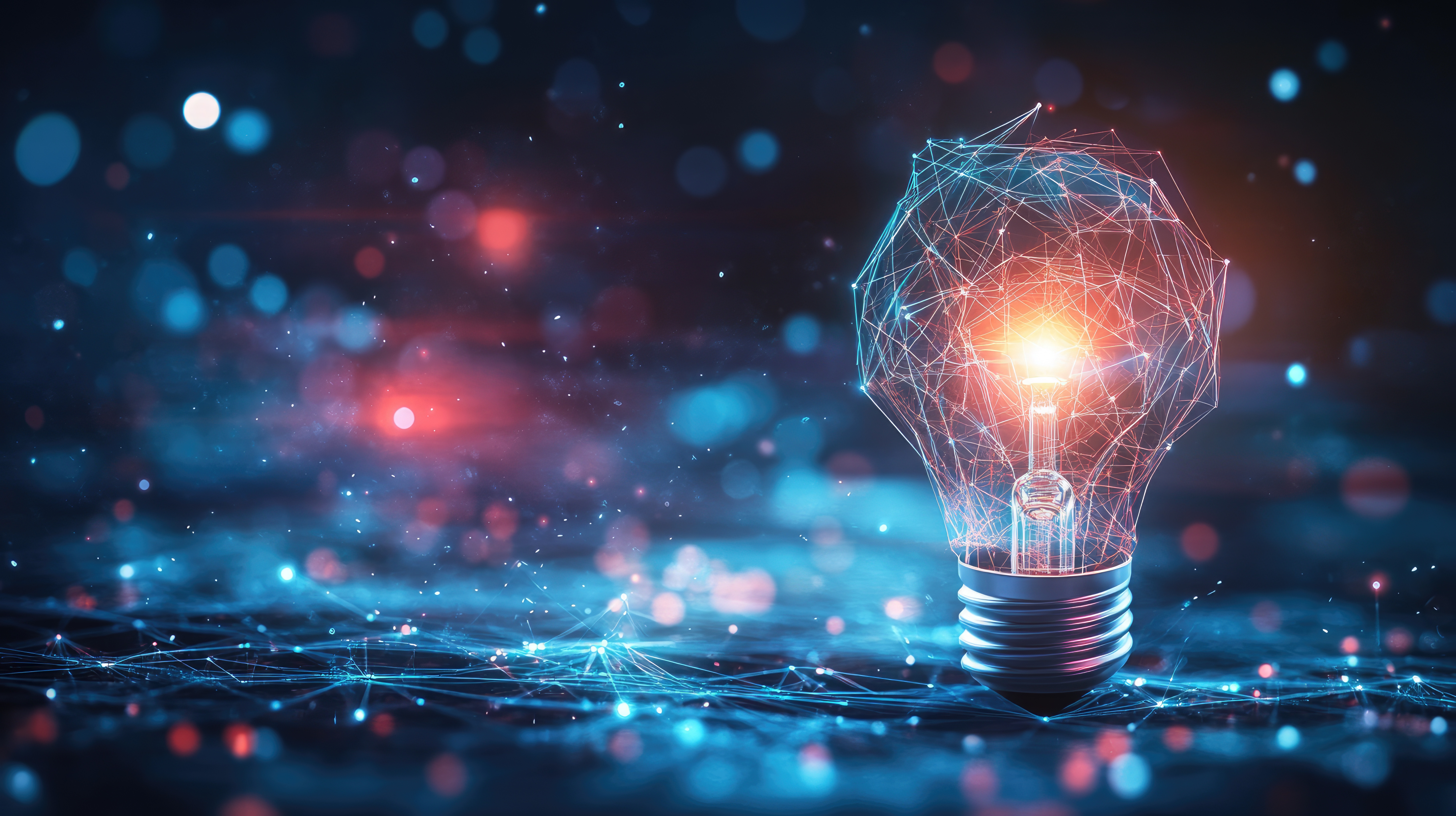 A glowing networked lightbulb formed from connected points of light
